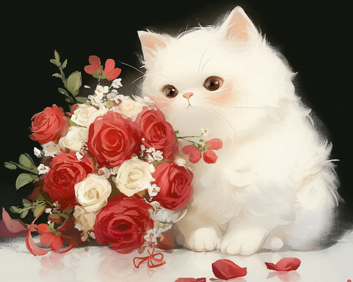 Fluffy white cat with red roses cross stitch kit for beginners