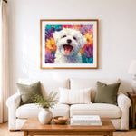 Finished fluffy white puppy among colorful blooms cross stitch artwork displayed as home decor