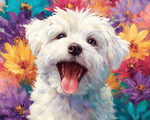 Fluffy white puppy among colorful blooms cross stitch kit for beginners