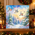 Finished flying birds in winter sunset forest pearl diamond painting artwork displayed as holiday home decor