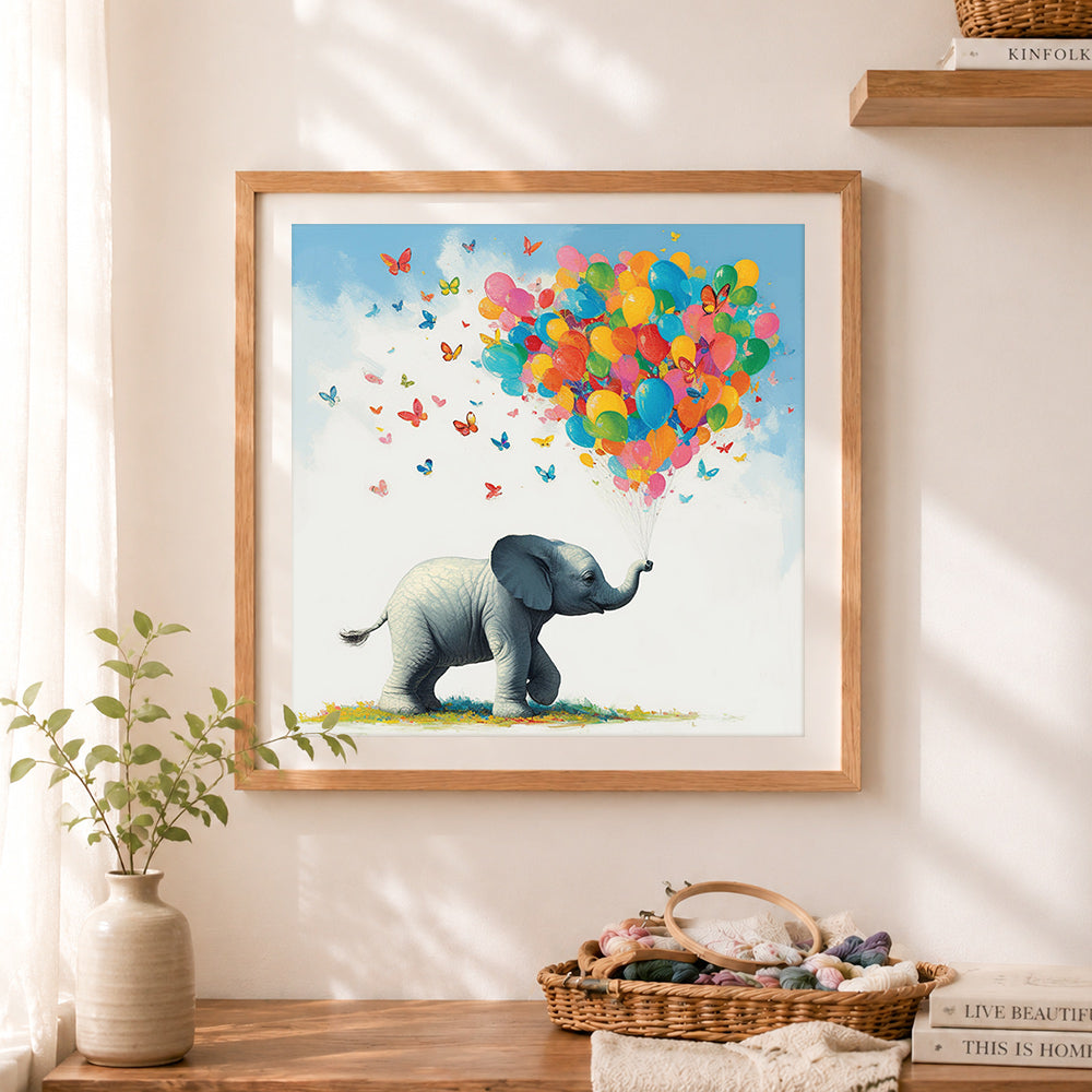Finished flying elephant with colorful balloons cross stitch artwork displayed as home decor