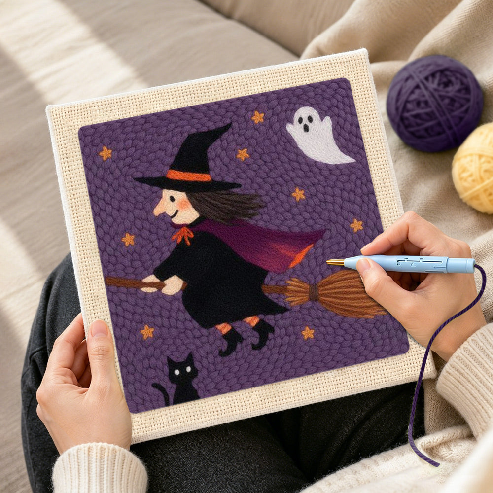 Creating handmade flying witch on broom punch needle artwork