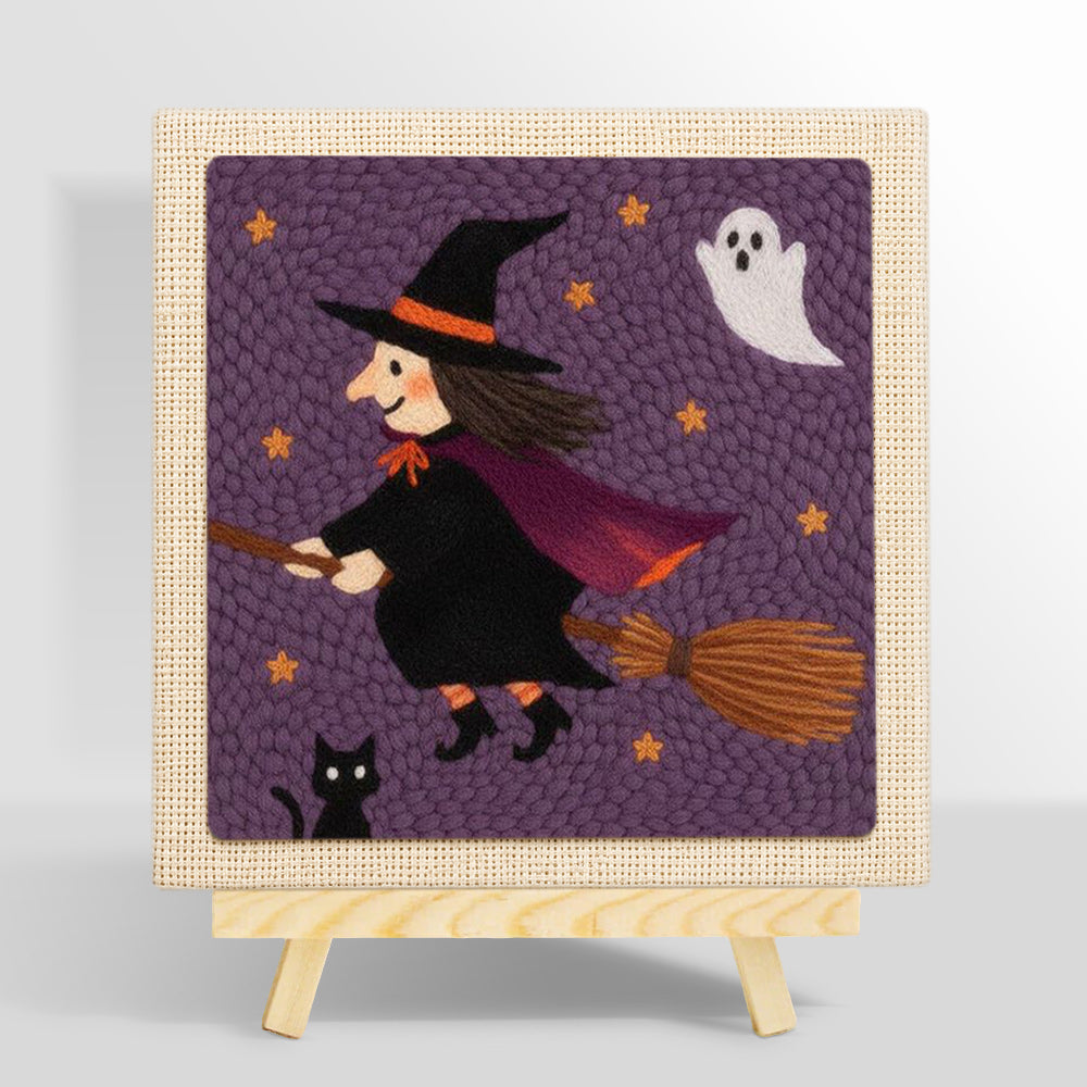 Flying witch on broom punch needle kit for beginners