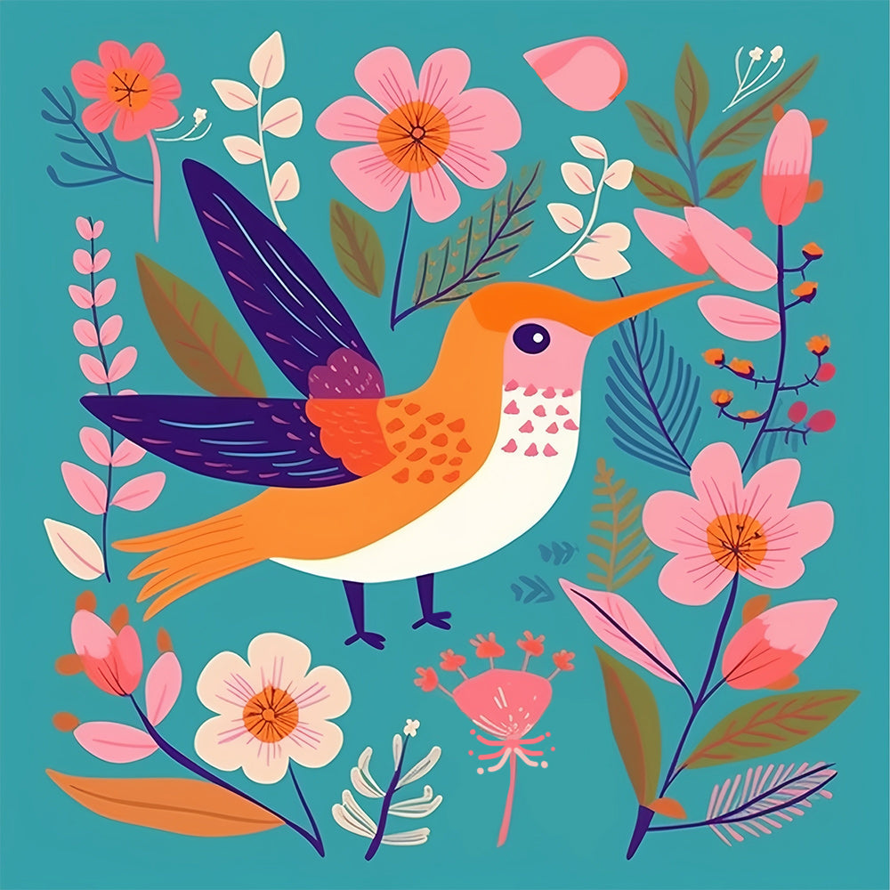 Folk art hummingbird and blooms cross stitch kit for beginners