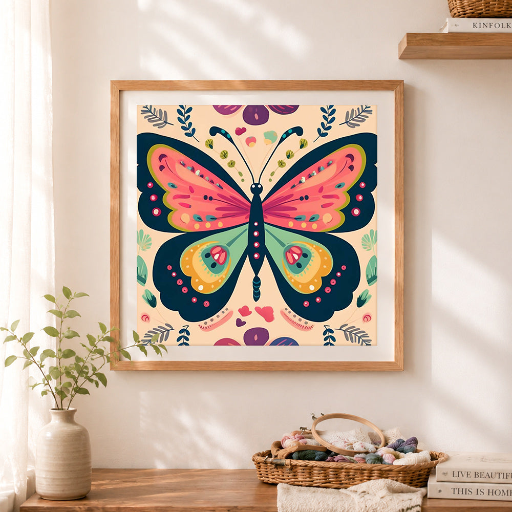 Finished folk art ornate butterfly cross stitch artwork displayed as home decor