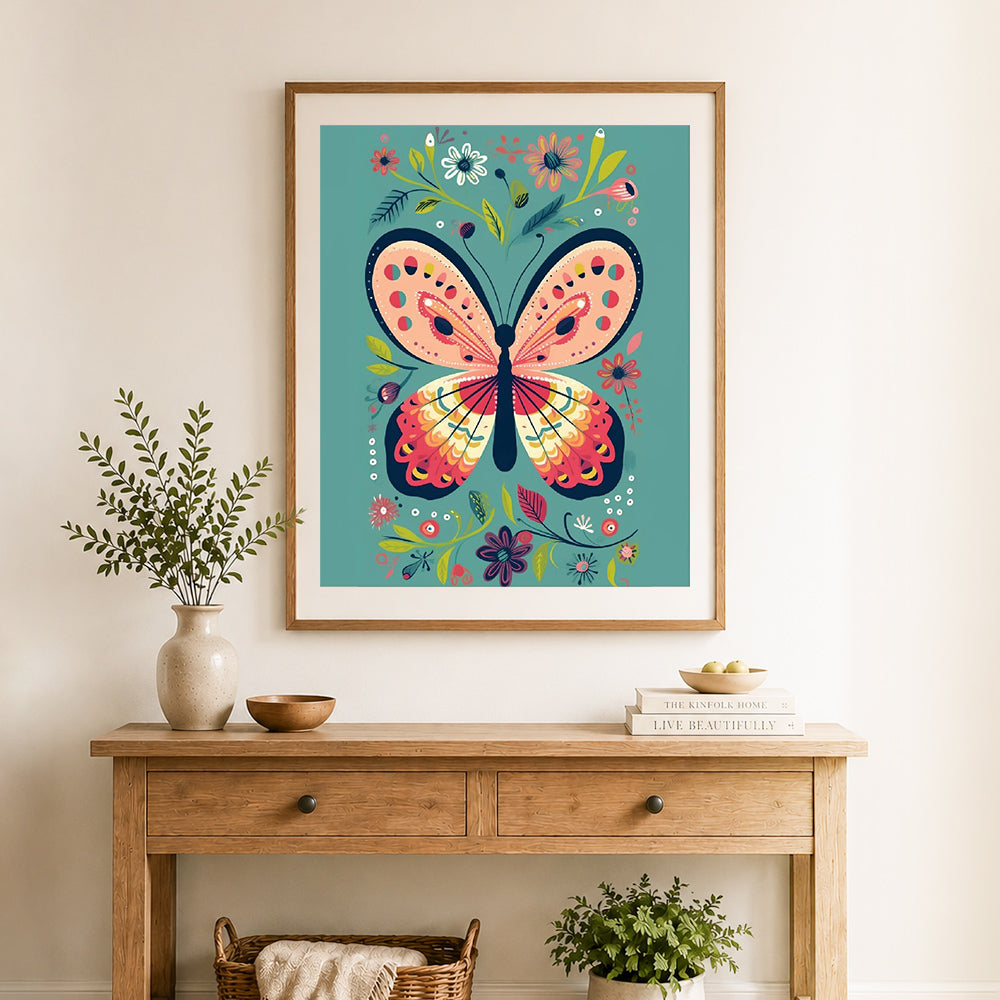 Finished folk style butterfly cross stitch artwork displayed as home decor