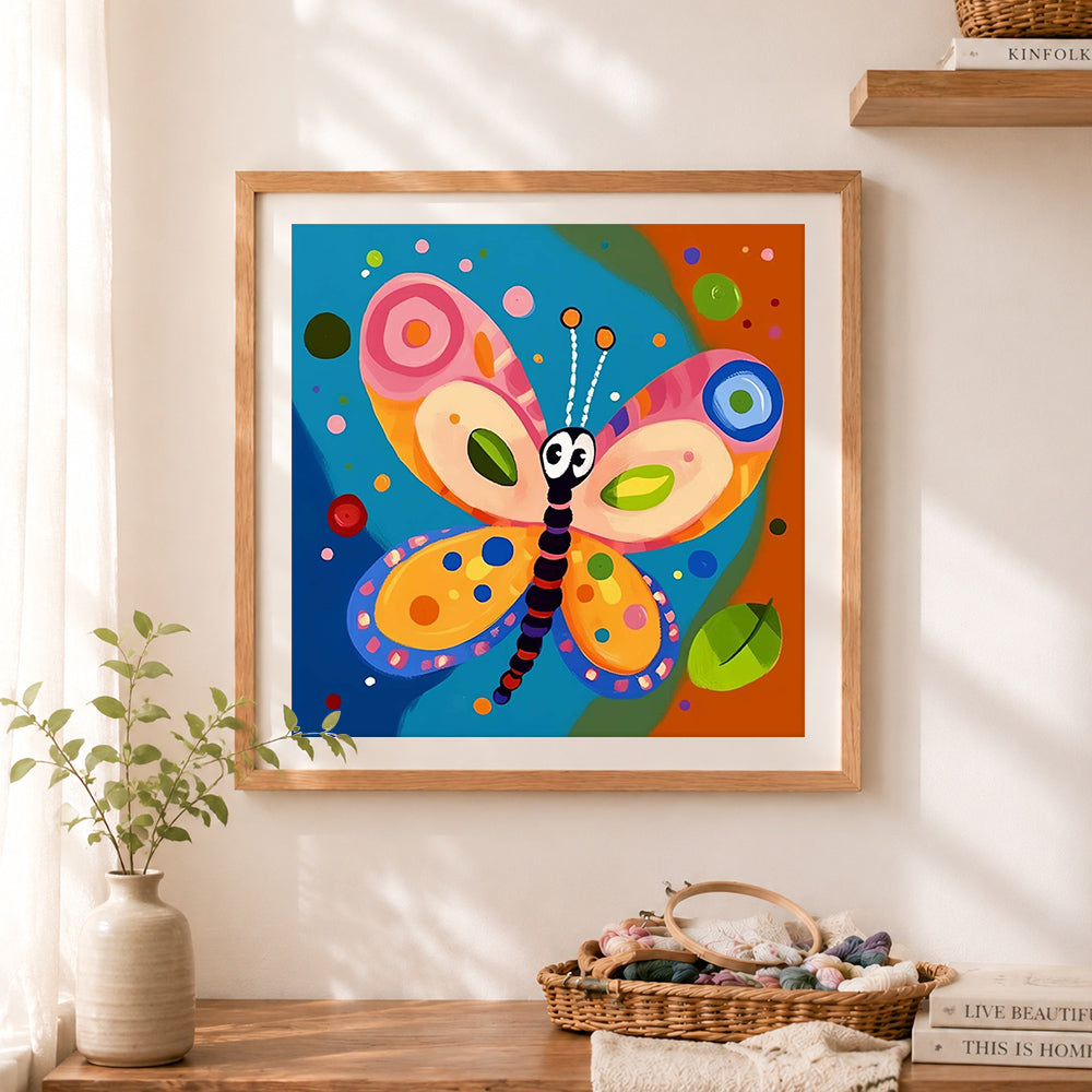 Finished folk style colorful butterfly cross stitch artwork displayed as home decor
