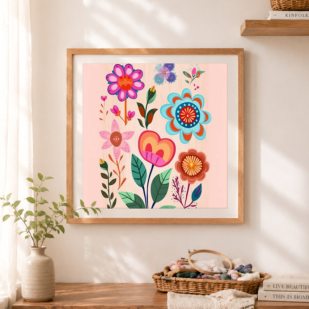 Finished folk style floral collage cross stitch artwork displayed as home decor