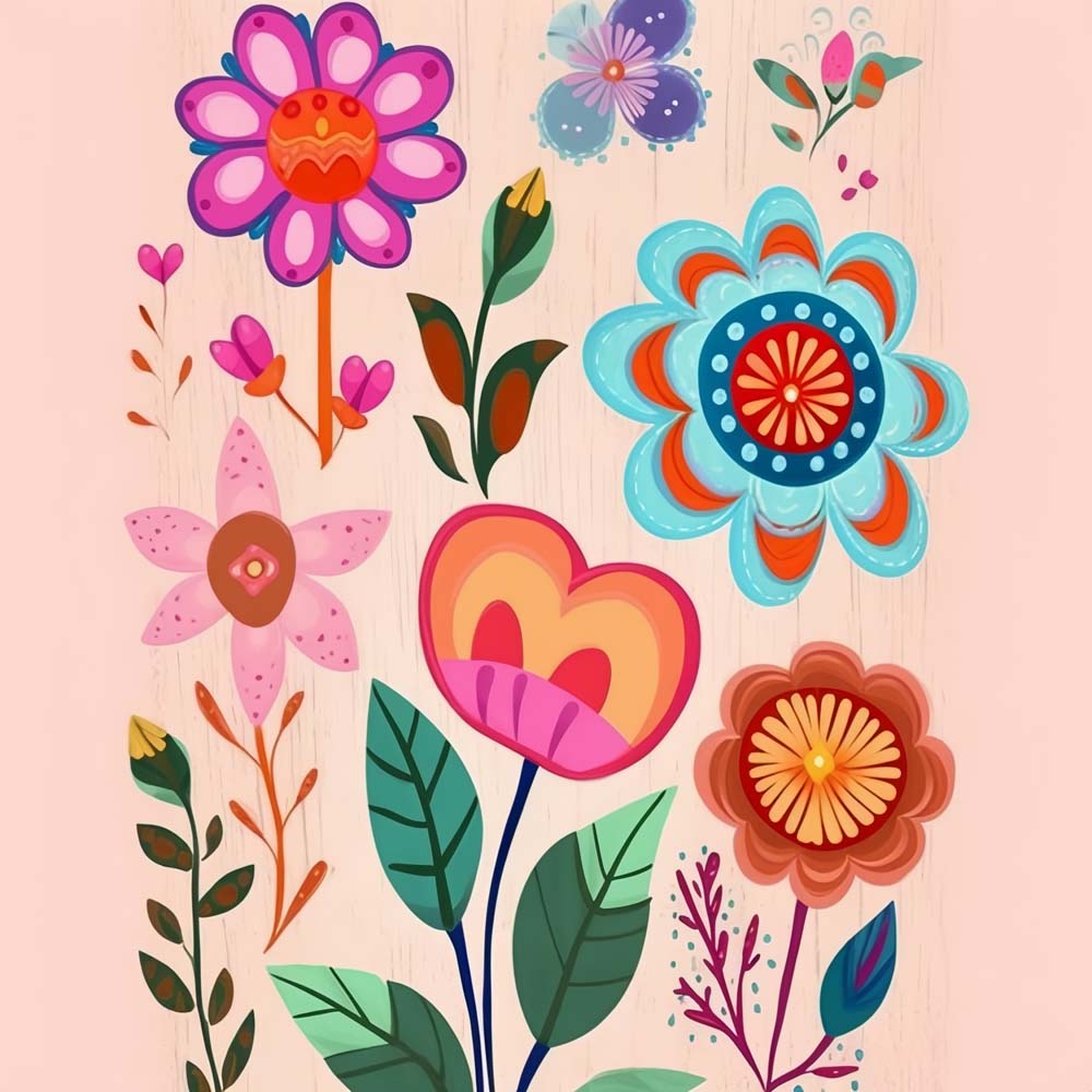 Folk style floral collage cross stitch kit for beginners