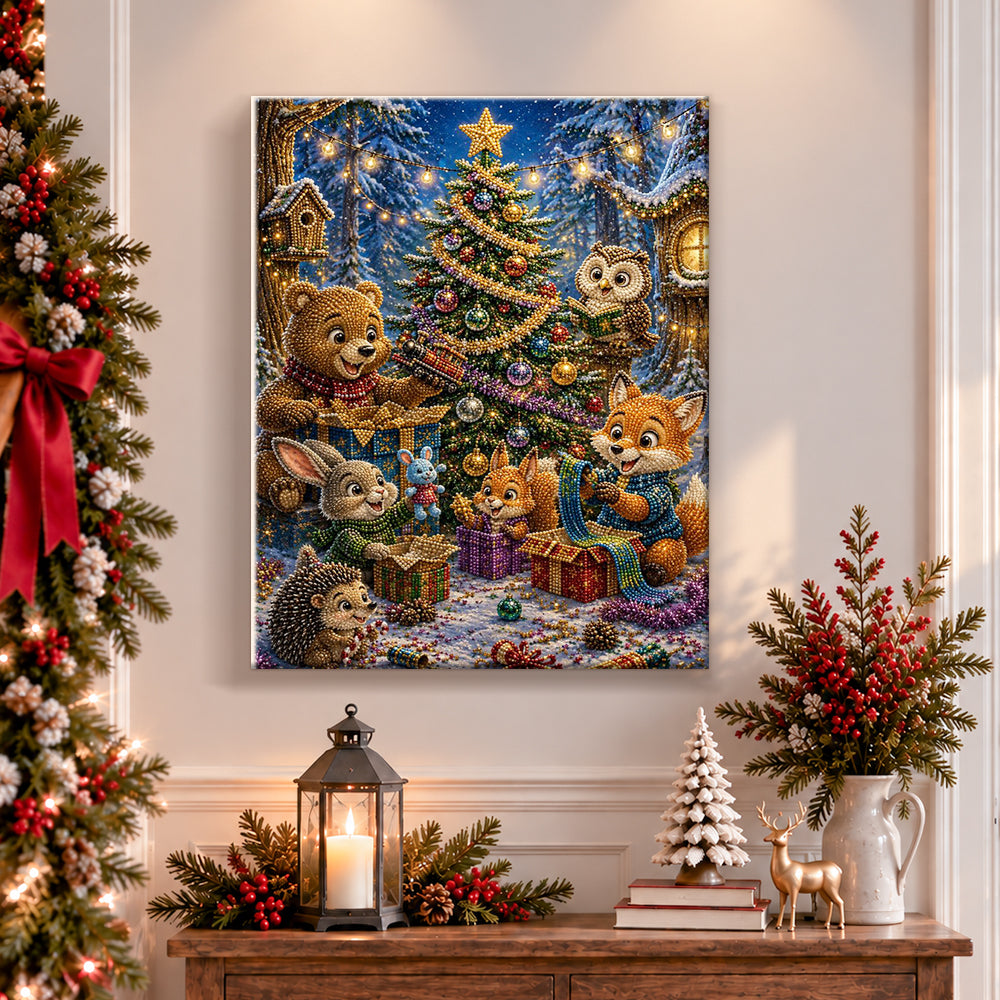 Finished forest animals celebrating christmas pearl diamond painting artwork displayed as holiday home decor
