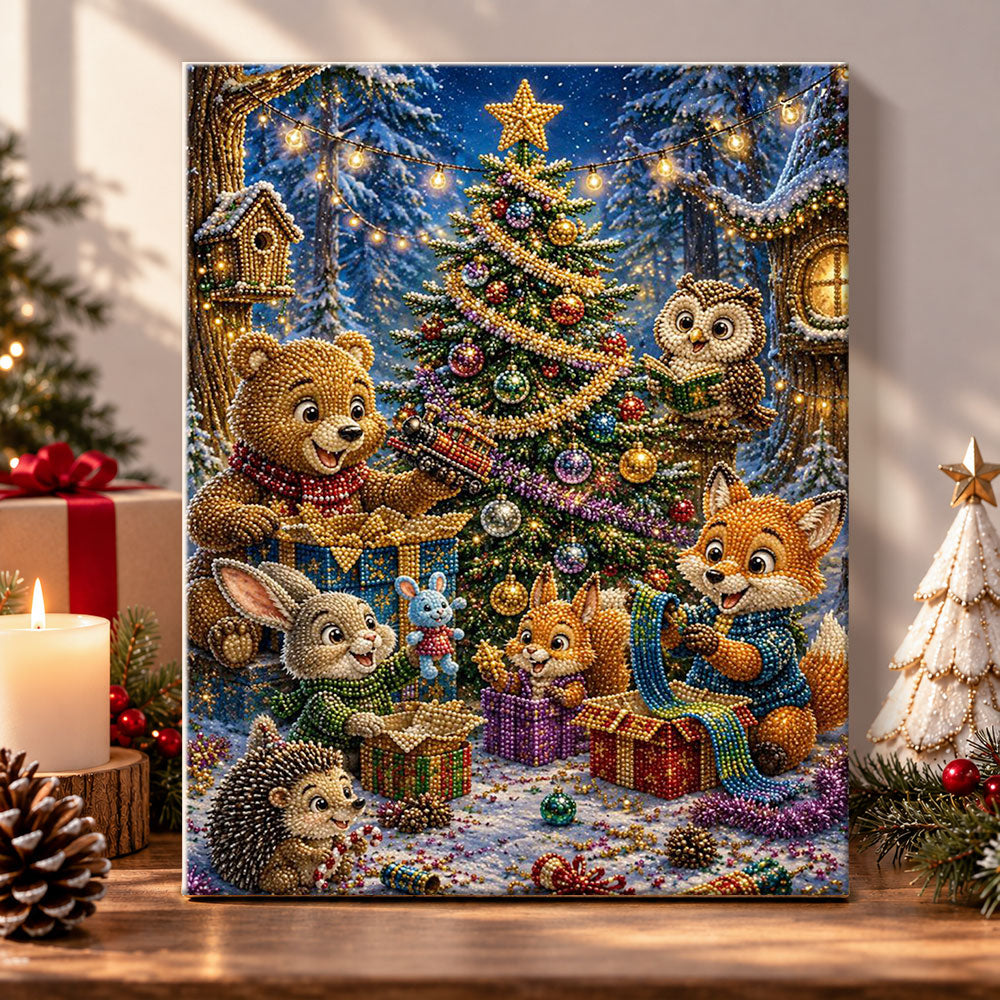 Forest animals celebrating christmas pearl diamond painting kit for beginners