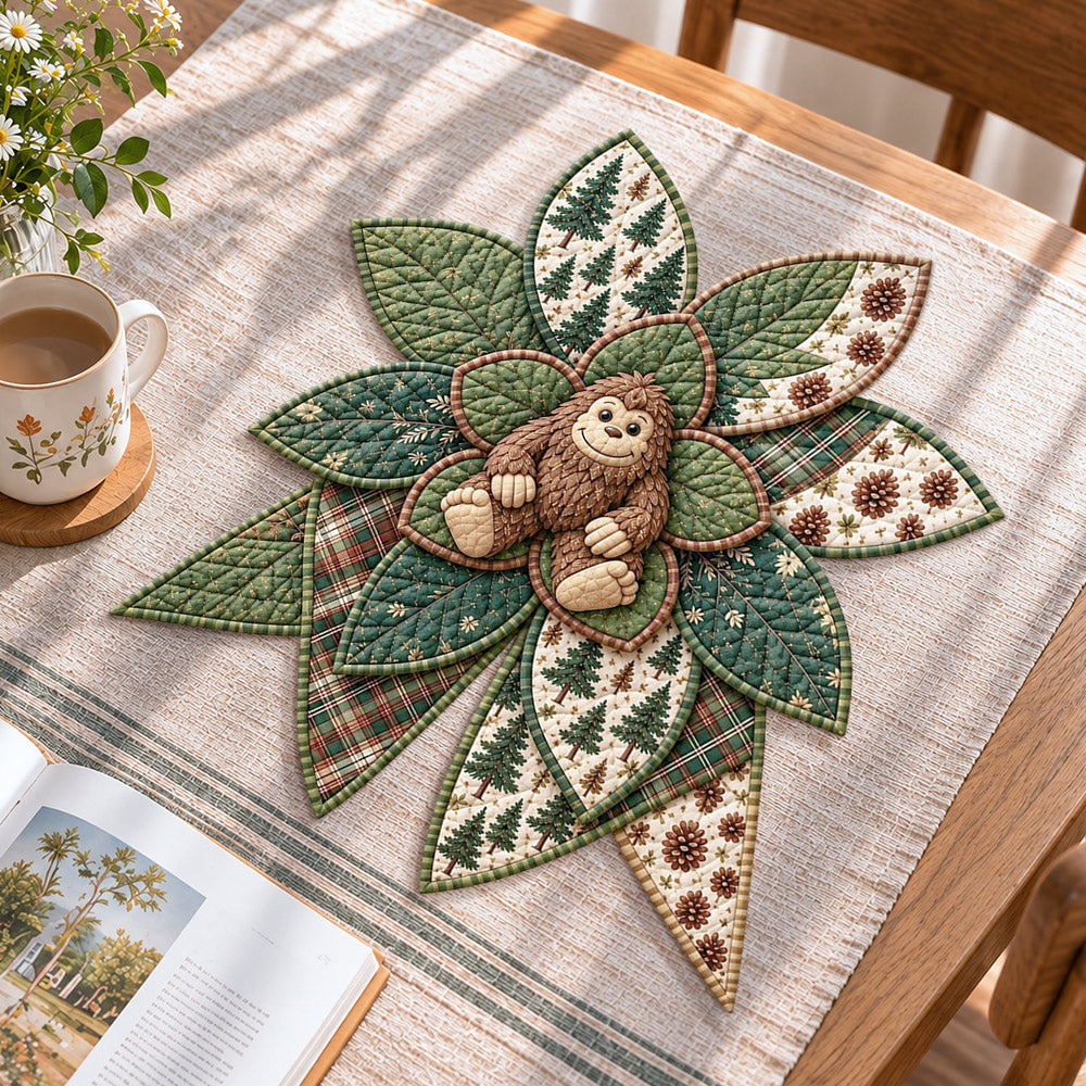 Forest bigfoot handmade quilted bow displayed on a table as seasonal home decor