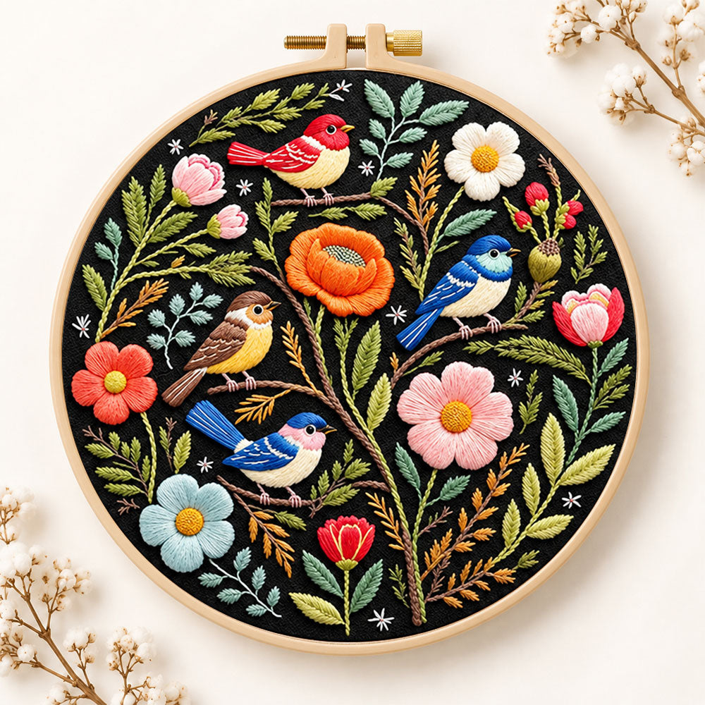 Forest birds and spring blooms embroidery kit