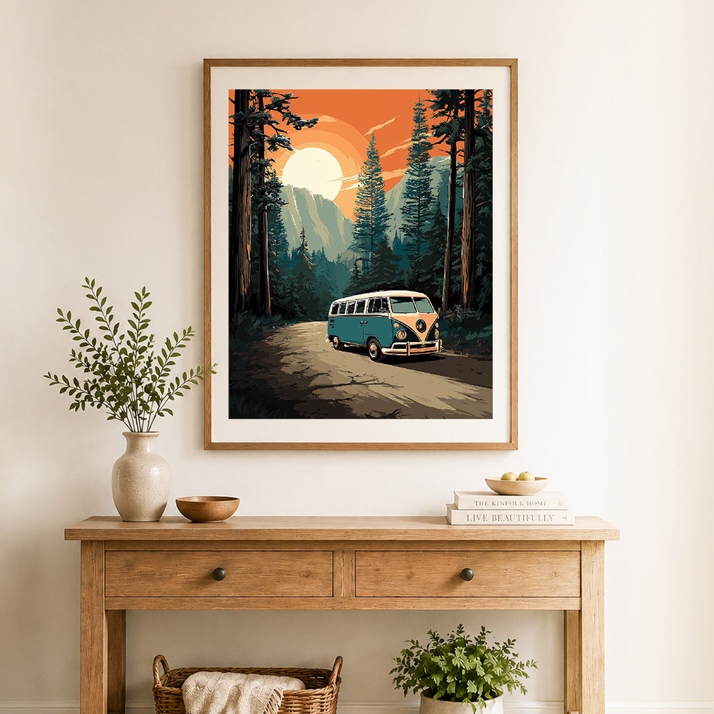 Finished forest camper van journey cross stitch artwork displayed as home decor