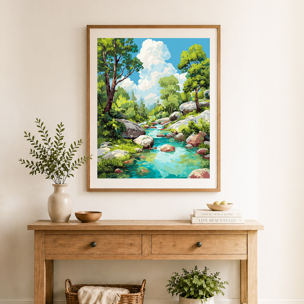 Finished forest creek view cross stitch artwork displayed as home decor