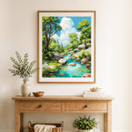 Finished forest creek view cross stitch artwork displayed as home decor