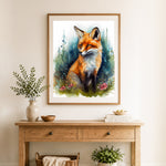 Finished forest fox watercolor painting cross stitch artwork displayed as home decor