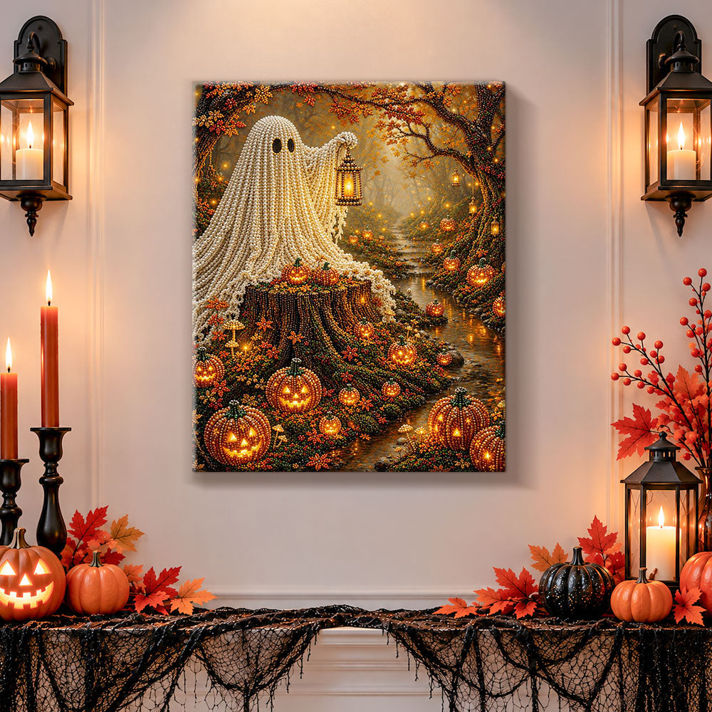 Finished forest ghost with glowing lantern pearl diamond painting artwork displayed as holiday home decor