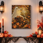 Finished forest ghost with glowing lantern pearl diamond painting artwork displayed as holiday home decor
