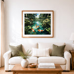 Finished forest koi pond cross stitch artwork displayed as home decor
