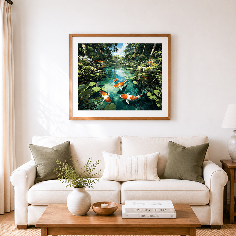 Finished forest koi pond cross stitch artwork displayed as home decor