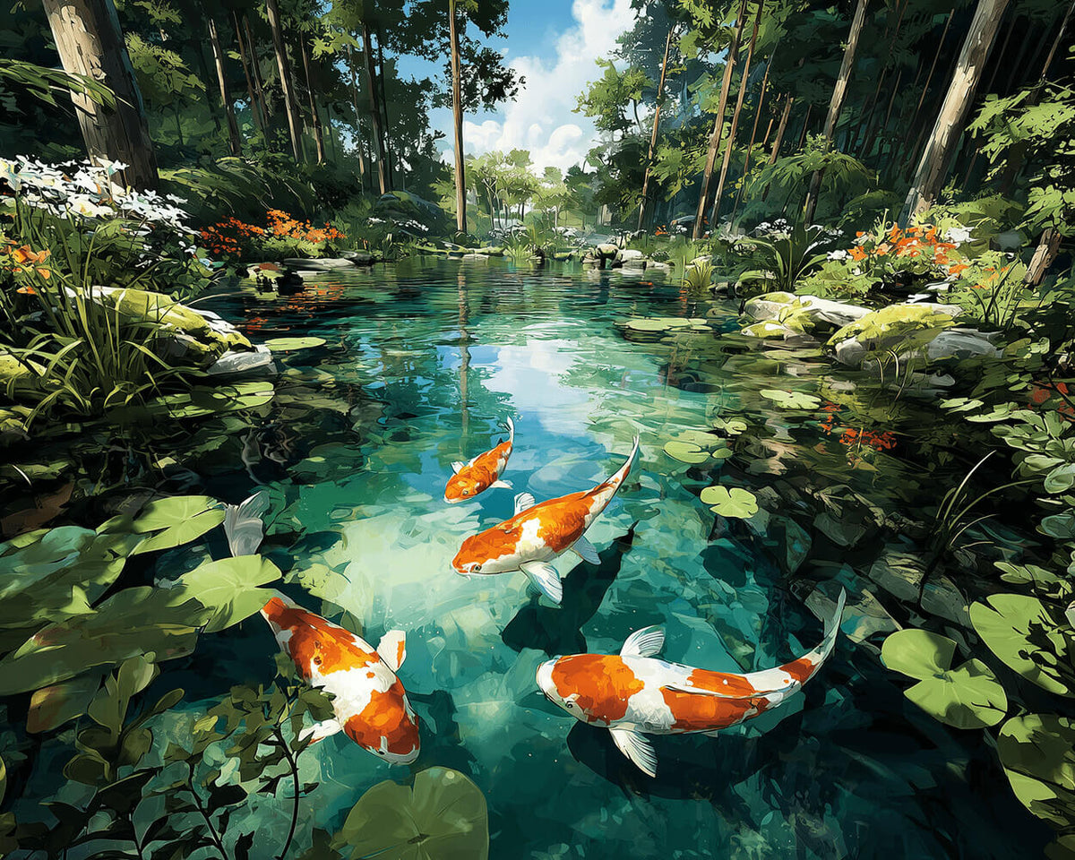 Forest koi pond cross stitch kit for beginners