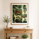 Finished forest lakeside villa cross stitch artwork displayed as home decor