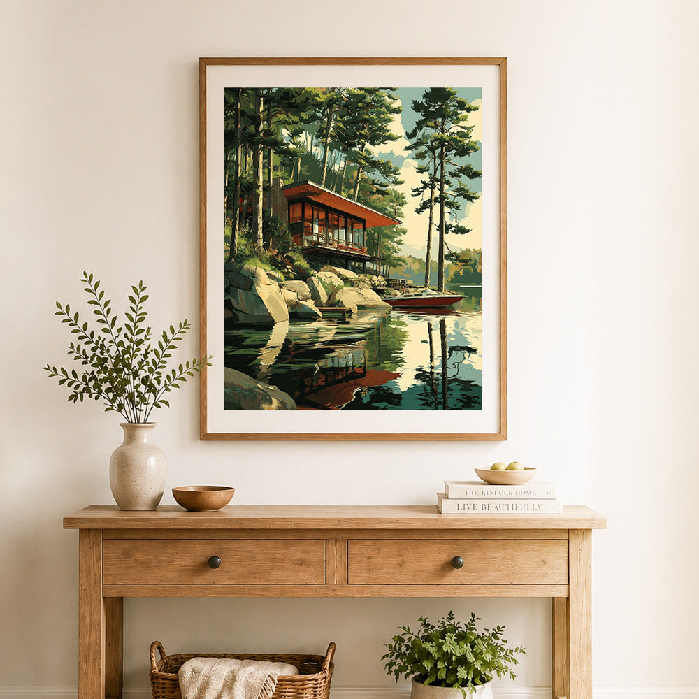 Finished forest lakeside villa cross stitch artwork displayed as home decor