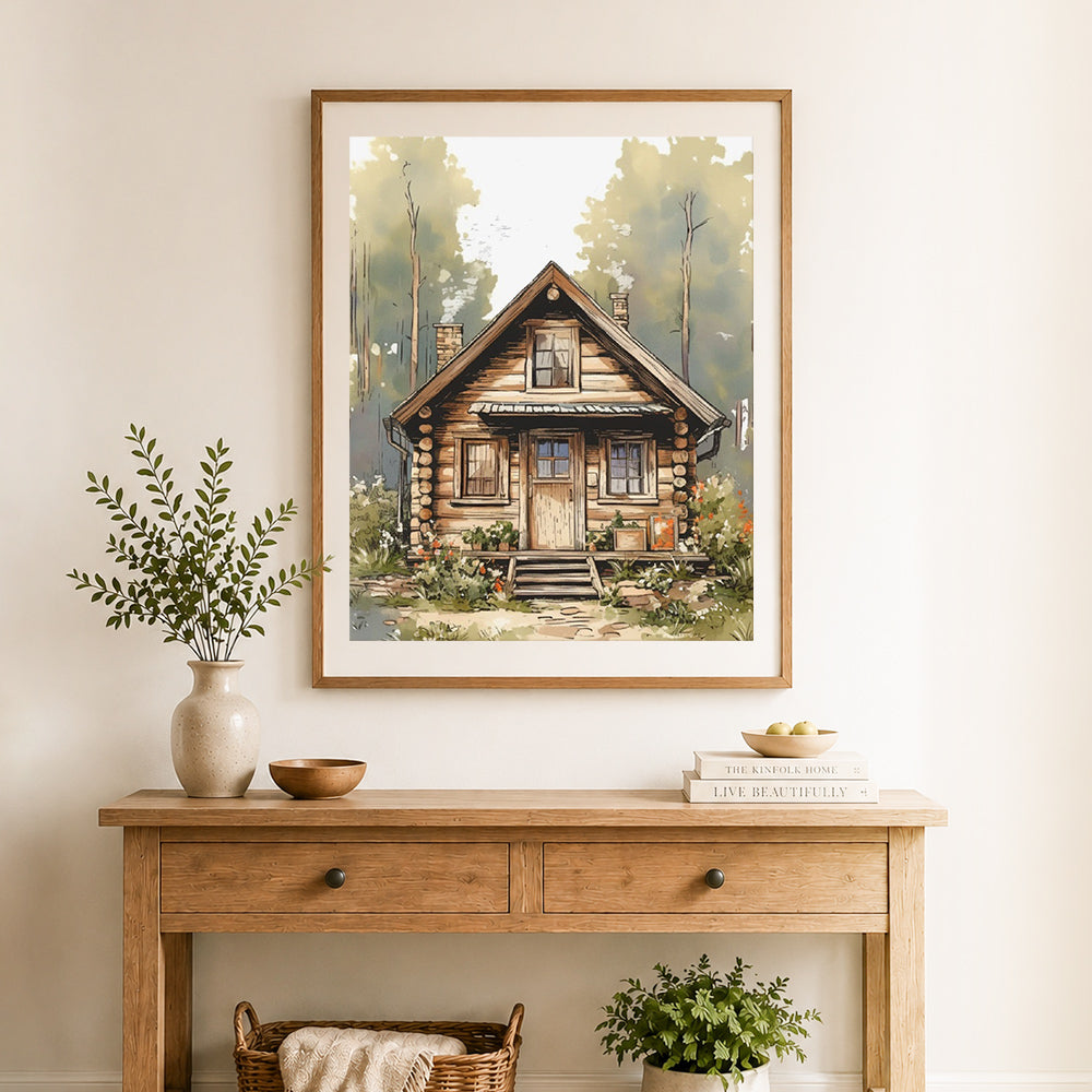 Finished forest log cabin cross stitch artwork displayed as home decor
