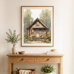 Finished forest log cabin cross stitch artwork displayed as home decor