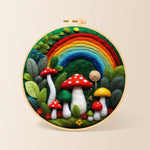 Forest rainbow and red mushrooms needle felting kit for beginners with a round wooden frame