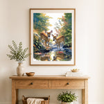 Finished forest stream baby deer cross stitch artwork displayed as home decor