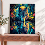 Finished forest wolf reflection pearl diamond painting artwork displayed as home decor