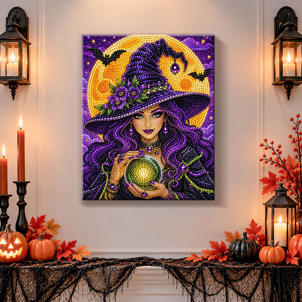 Finished fortune‑telling witch pearl diamond painting artwork displayed as holiday home decor