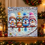 Finished four cute winter birds pearl diamond painting artwork displayed as holiday home decor