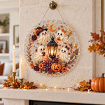 Finished four little ghosts lantern pearl diamond painting artwork displayed as holiday home decor