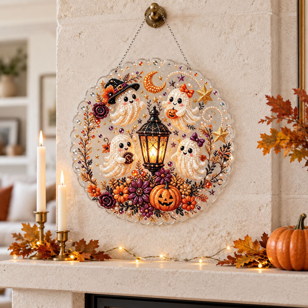 Finished four little ghosts lantern pearl diamond painting artwork displayed as holiday home decor