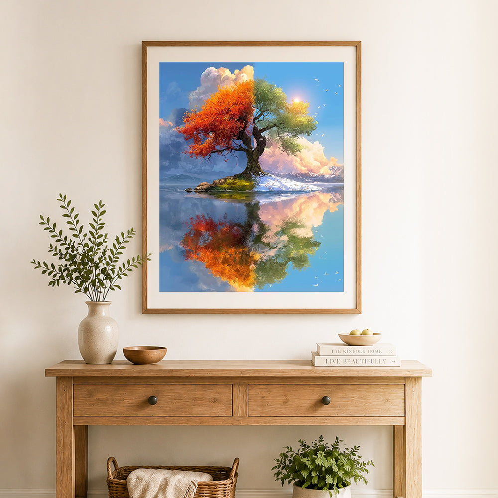 Finished four‑season magic tree cross stitch artwork displayed as home decor
