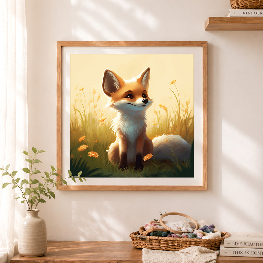 Finished fox in grass meadow cross stitch artwork displayed as home decor