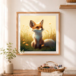 Finished fox in grass meadow cross stitch artwork displayed as home decor