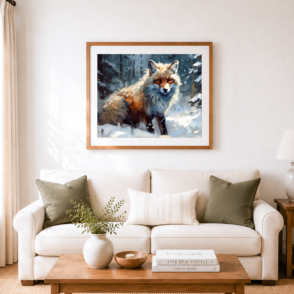 Finished fox in snowy woods cross stitch artwork displayed as home decor