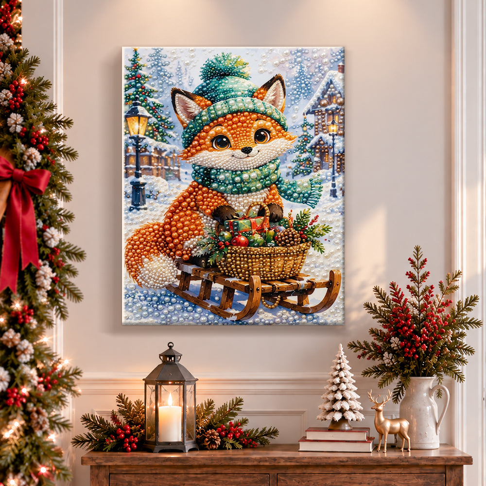 Finished fox on christmas sled pearl diamond painting artwork displayed as holiday home decor