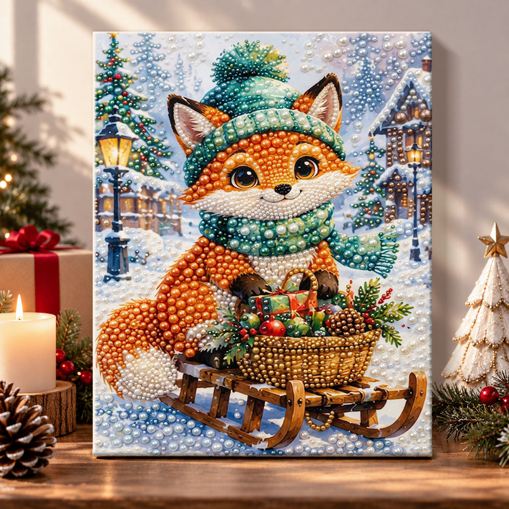 Fox on christmas sled pearl diamond painting kit for beginners