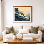 Finished fox over snowy mountain valley cross stitch artwork displayed as home decor