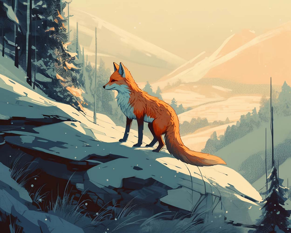 Fox over snowy mountain valley cross stitch kit for beginners