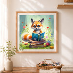 Finished fox reading in garden cross stitch artwork displayed as home decor