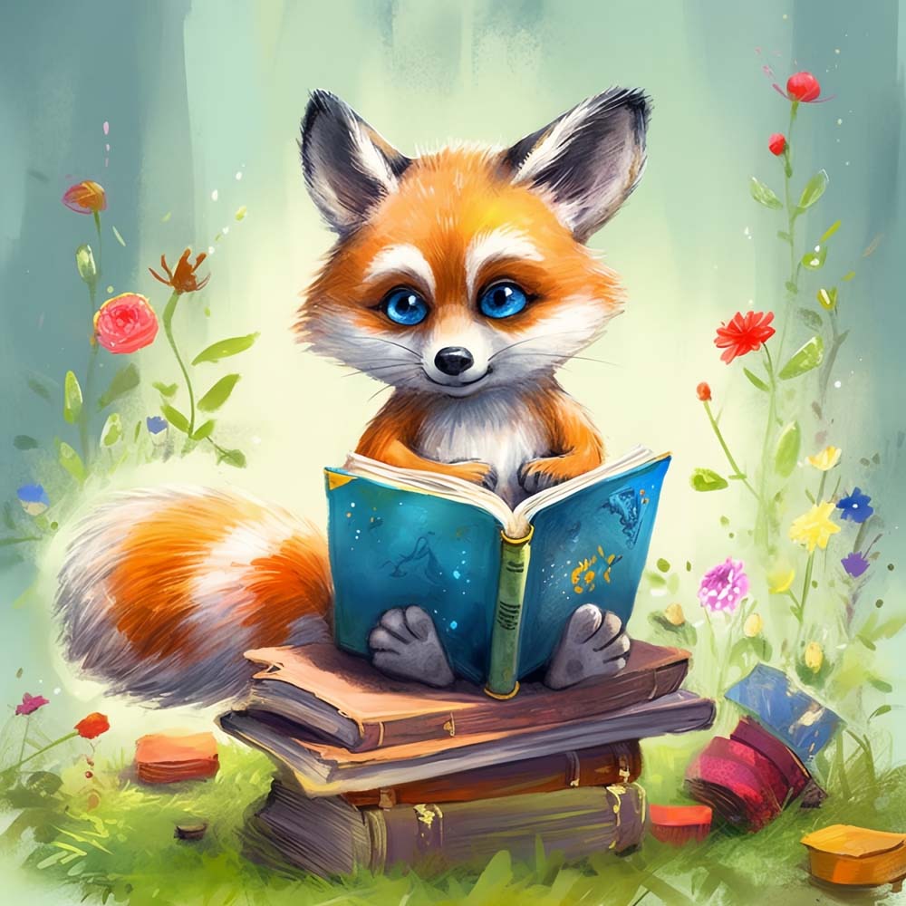 Fox reading in garden cross stitch kit for beginners