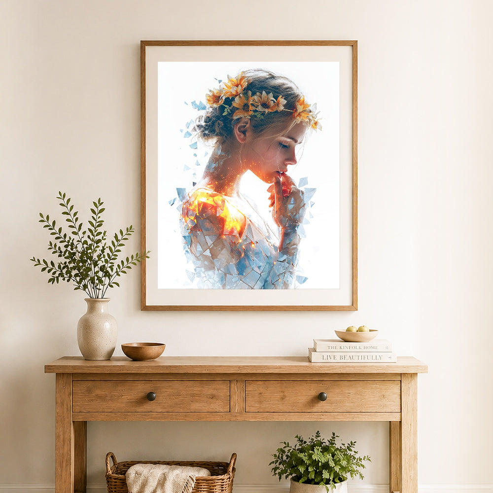 Finished fragile glowing beauty cross stitch artwork displayed as home decor