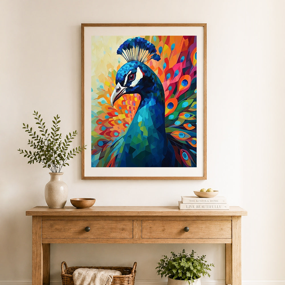 Finished fragmented geometric peacock cross stitch artwork displayed as home decor
