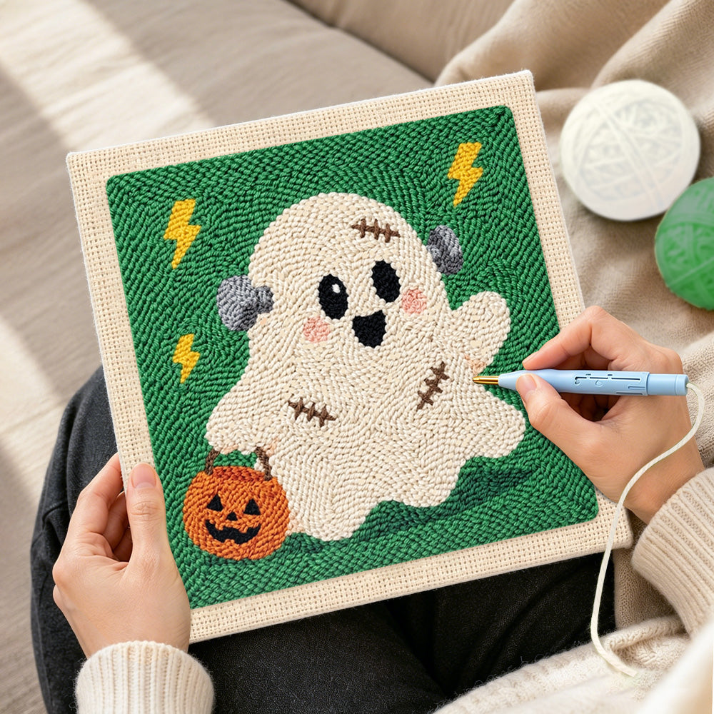 Creating handmade frankenstein ghost punch needle artwork